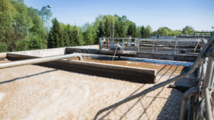 Wastewater treatment plant with active aeration basins used for polymer flocculant application.