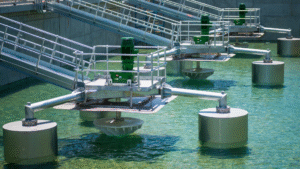 Close-up of an industrial wastewater clarifier system used for metal precipitation and solids removal