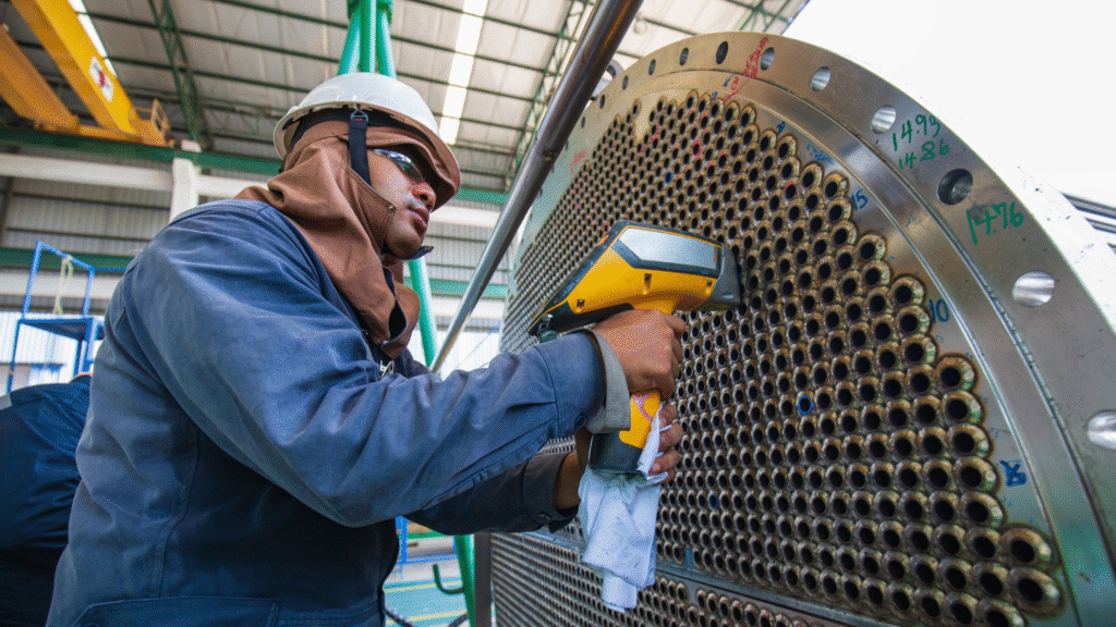 Technician performing maintenance on a heat exchanger to support advanced dispersant formulation in industrial water treatment.