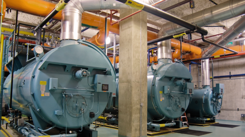 Industrial boiler room with pretreatment system protected by water softener regeneration cycle