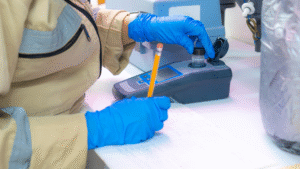 Technician testing water sample with digital device to measure what is ppm in water for cooling system treatment