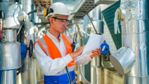 Engineer reviewing boiler piping system documents as part of condensate treatment and corrosion control program