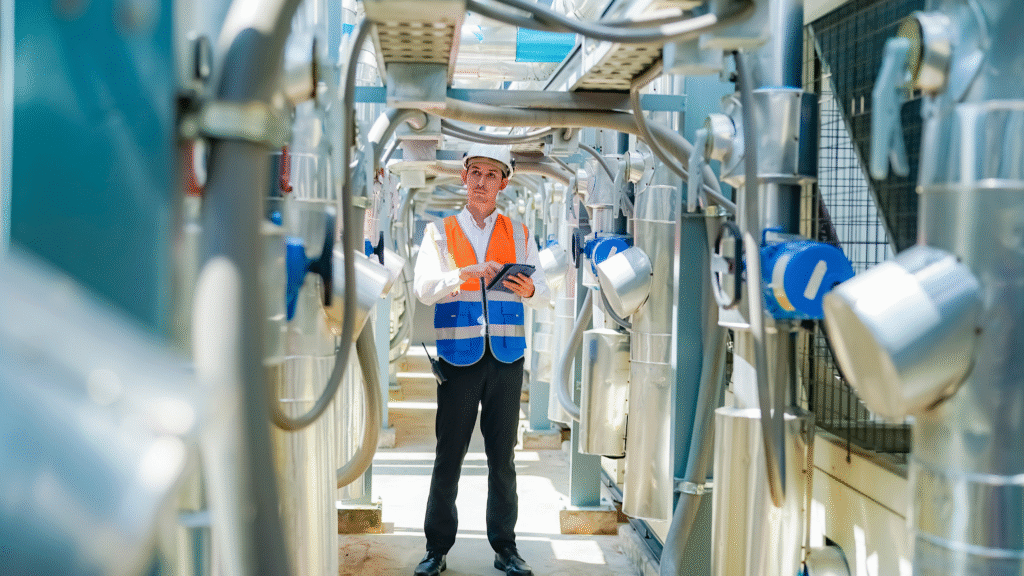 Engineer inspecting an industrial demineralizer system at a water treatment plant.