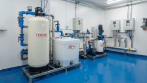 Industrial water softener system with labeled resin tank and brine tank, illustrating the water softener backwash and regeneration process.