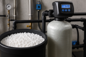 Industrial water treatment system using water softener chemicals to prevent scale buildup and improve water quality