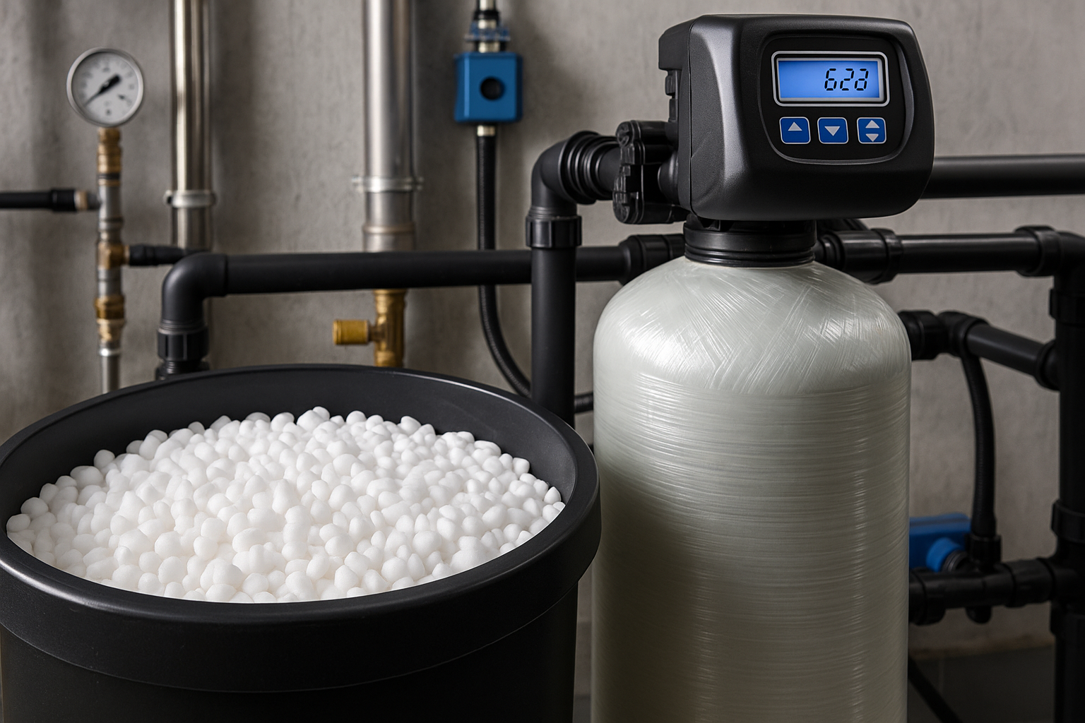 Industrial water treatment system using water softener chemicals to prevent scale buildup and improve water quality