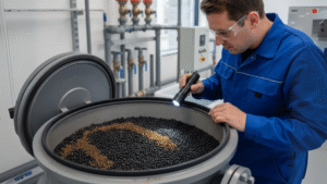 Technician inspecting resin beads inside a demineralizer vessel, highlighting seasonal water quality changes and the role of a water treatment chemical distributor.
