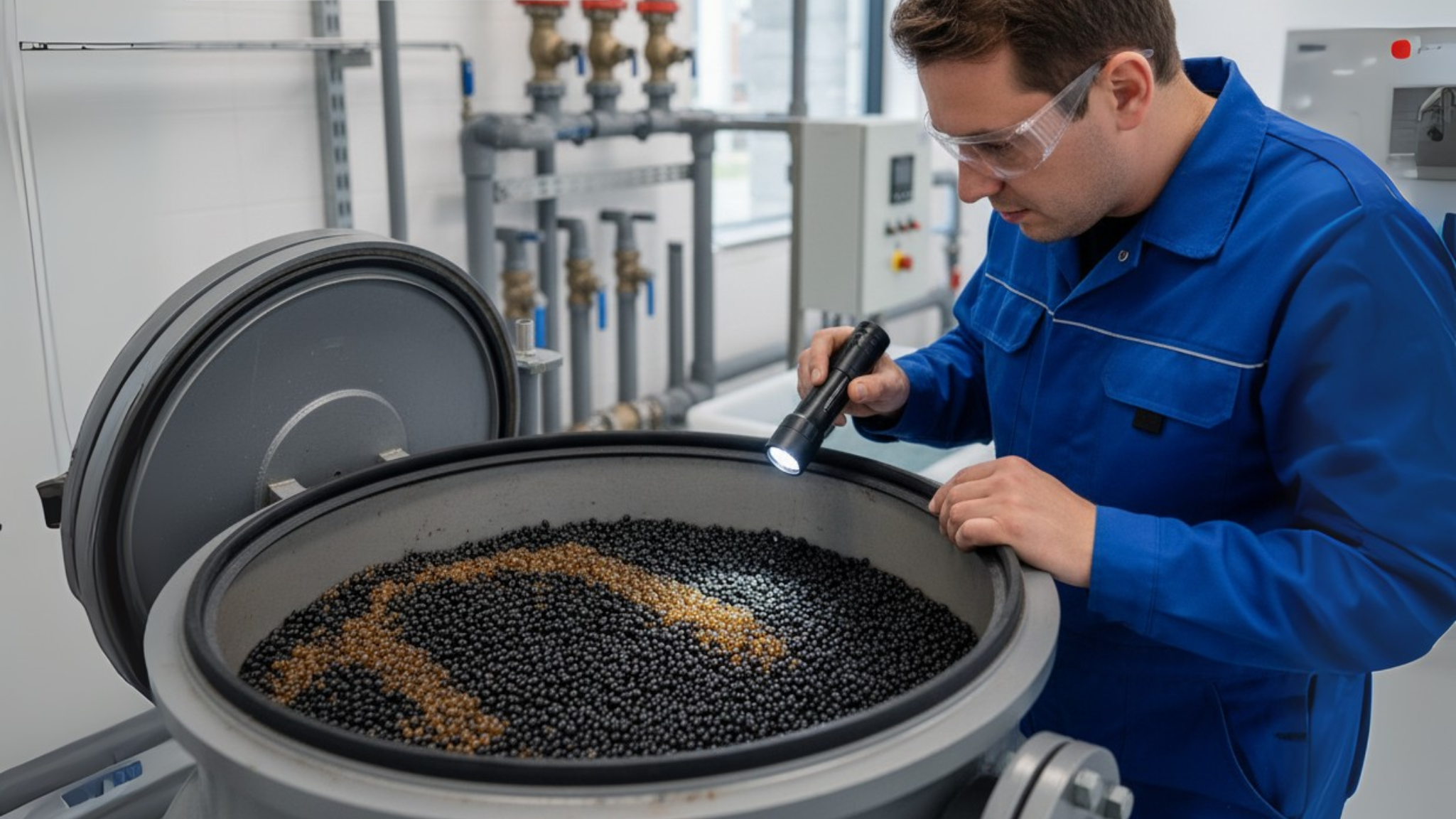 Technician inspecting resin beads inside a demineralizer vessel, highlighting seasonal water quality changes and the role of a water treatment chemical distributor.