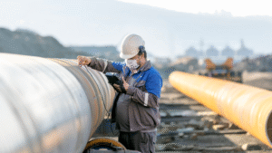Engineer inspecting industrial water pipelines to monitor system integrity and Legionella risk prevention.
