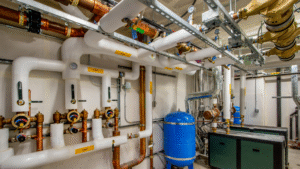 Closed loop control system in an industrial mechanical room demonstrating effective microbiological control through optimized water treatment and custom chemical blending.
