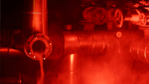 Industrial boiler pipes releasing steam, illustrating oxidation reduction reactions in water treatment systems.