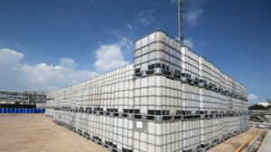Industrial chemical storage tanks representing ETI’s custom blending for modern water treatment trends.