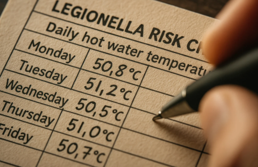 Legionella prevention checklist showing hot water temperature monitoring in building water systems