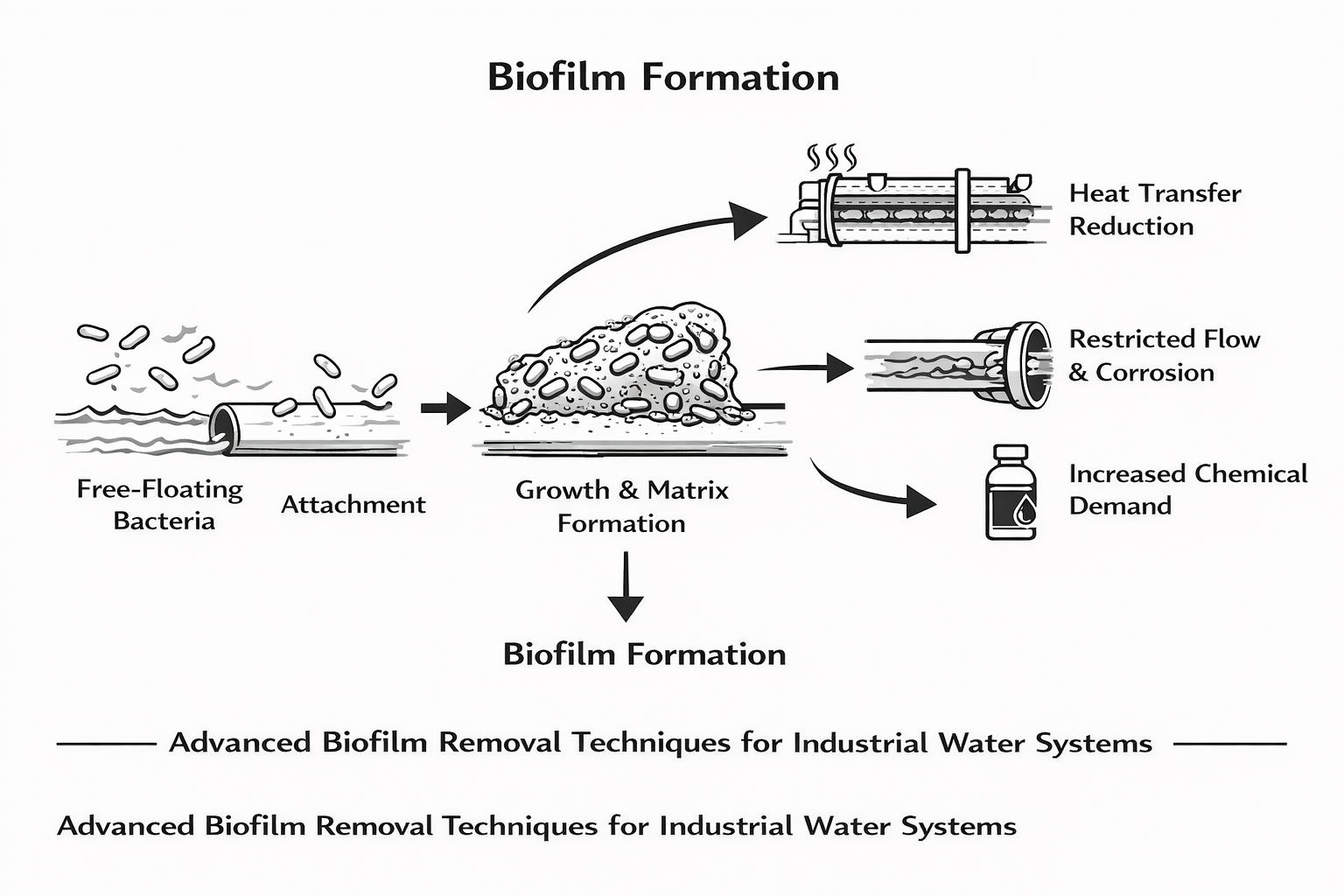 Diagram showing biofilm formation and operational impact in industrial water systems for biofilm removal strategies