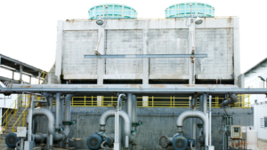 Industrial cooling tower systems used to remove heat through evaporative cooling at an industrial facility