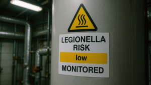 Legionella compliance monitoring sign in a mechanical room near building water systems