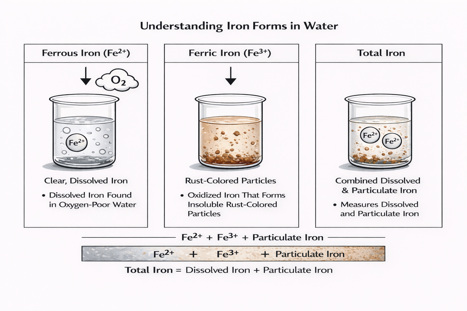 A diagram showing ferrous iron Fe2+, ferric iron Fe3+, and total iron in water treatment systems for iron testing