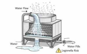 Cooling tower diagram showing legionella control risk areas in building water systems