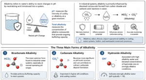 Diagram explaining alkalinity testing concepts, buffering capacity, pH stability, and the three main forms of alkalinity in industrial water treatment systems.