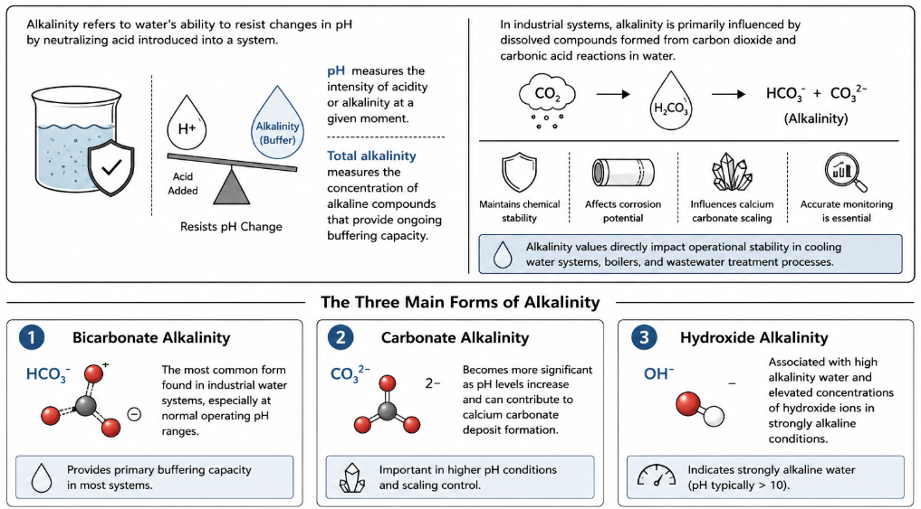 Diagram explaining alkalinity testing concepts, buffering capacity, pH stability, and the three main forms of alkalinity in industrial water treatment systems.