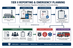 Figure: Overview of Tier II reporting and emergency planning information flow for facilities managing hazardous chemicals.