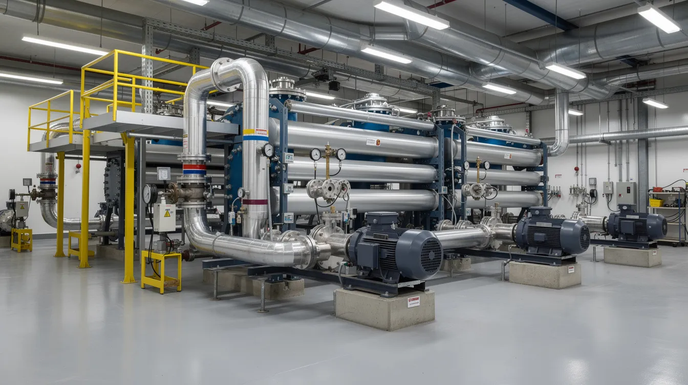 The image depicts a large industrial chiller system situated in a mechanical room, featuring extensive piping and pumps that facilitate the cooling process. This system is essential for HVAC applications, utilizing heat transfer fluids like propylene glycol and ethylene glycol to achieve excellent thermal performance and maintain lower temperatures.