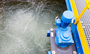 Industrial aeration equipment operating in a wastewater treatment system to support biological water treatment processes and improve water quality.