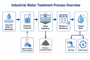 Example industrial water treatment process. Actual treatment sequences vary based on water quality, contaminants, operating conditions, and discharge or reuse goals.