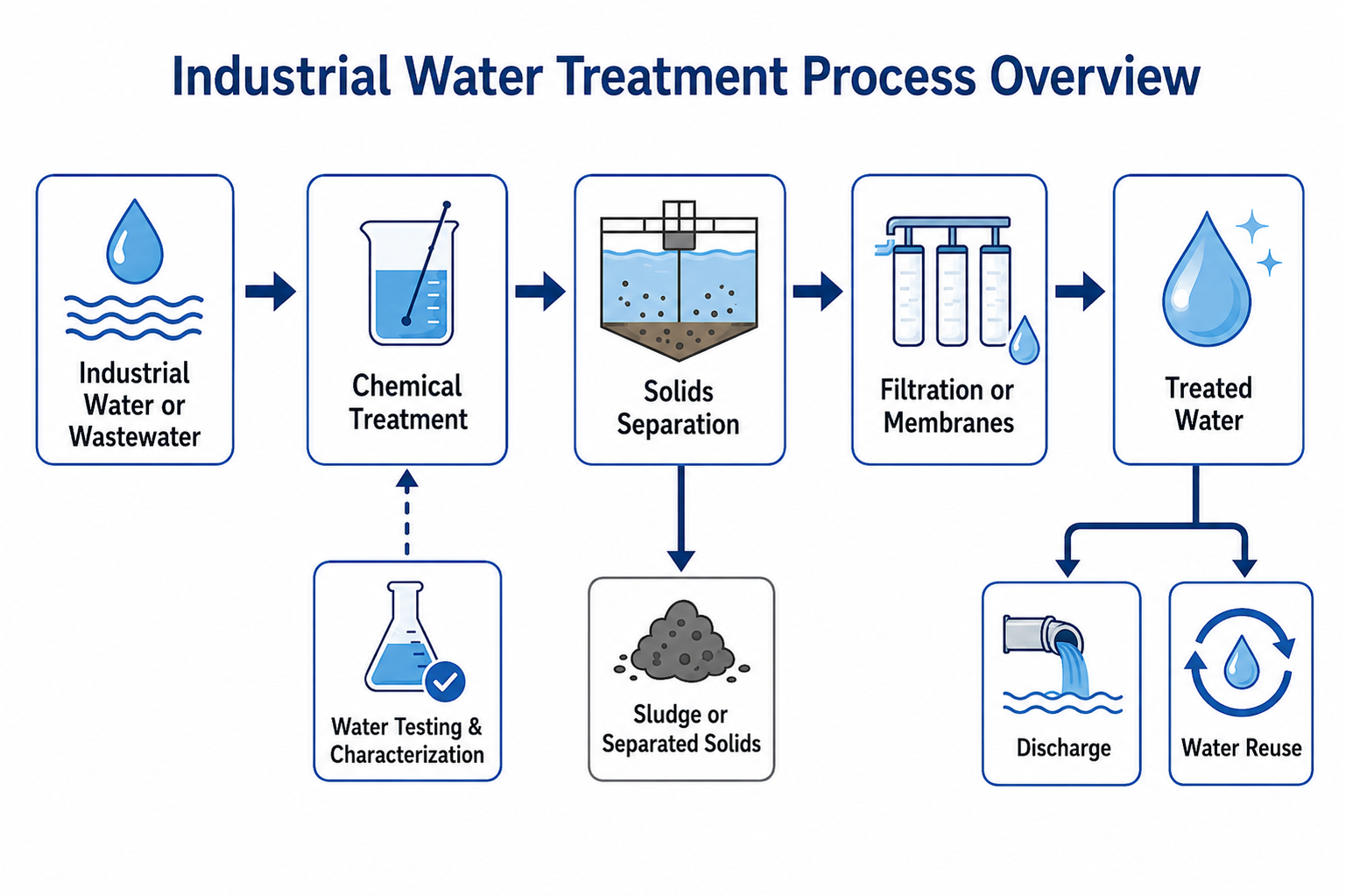 Example industrial water treatment process. Actual treatment sequences vary based on water quality, contaminants, operating conditions, and discharge or reuse goals.