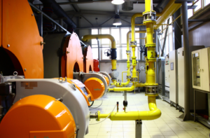 Industrial boiler room supporting boiler and condensate systems treated with filming amines for corrosion protection.