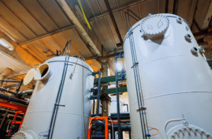 Industrial boiler water treatment vessels and piping inside a processing facility.