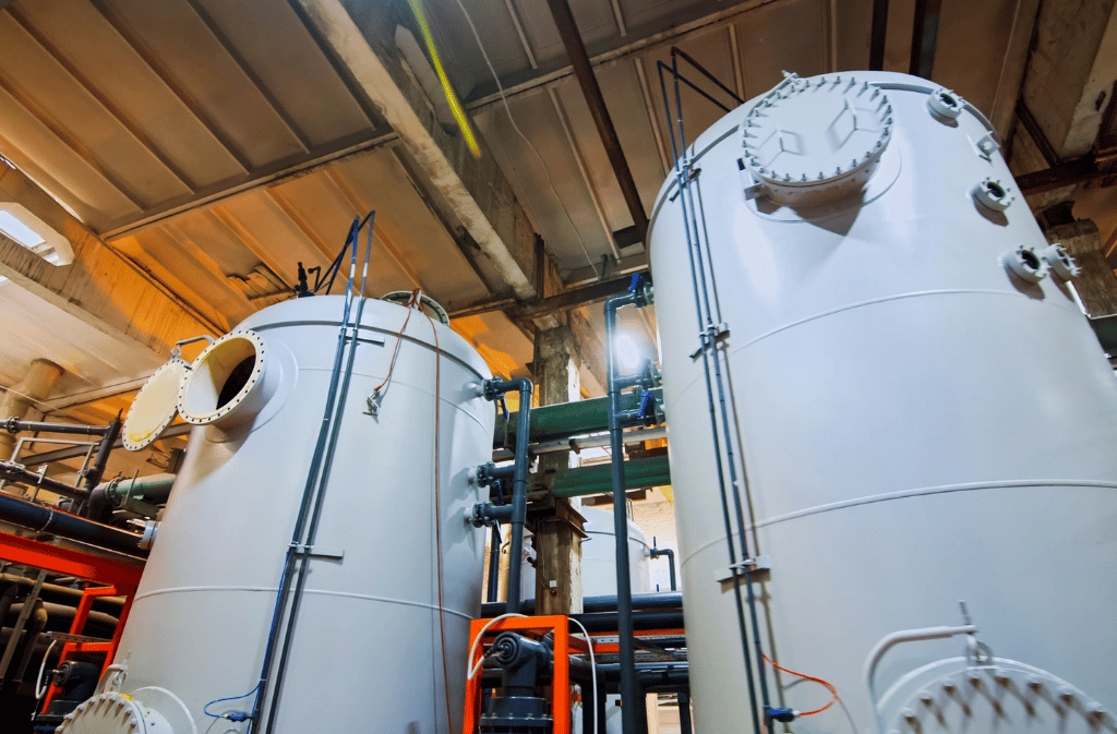 Industrial boiler water treatment vessels and piping inside a processing facility.