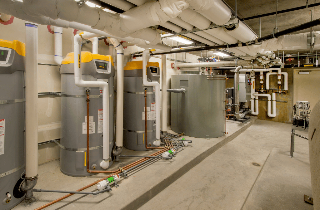 Commercial boiler room with industrial water heating equipment, tanks, and insulated piping.