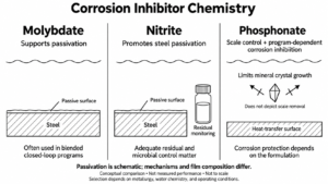Comparison of molybdate and nitrite passivation roles with phosphonate scale control and formulation-dependent corrosion inhibition.