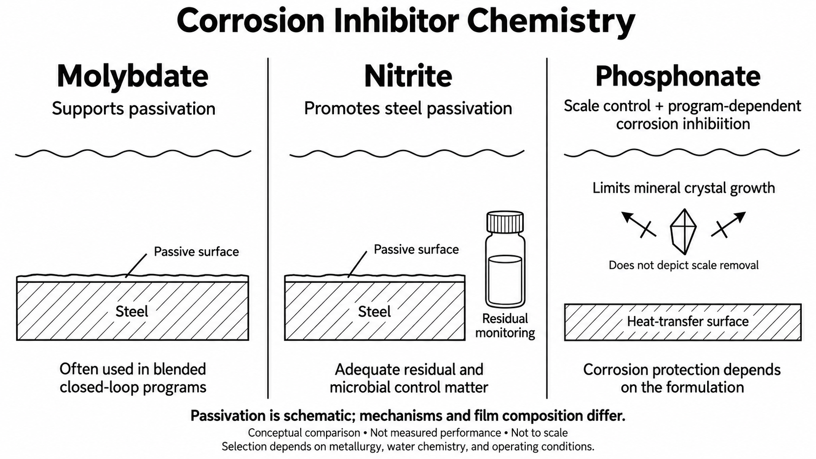 Comparison of molybdate and nitrite passivation roles with phosphonate scale control and formulation-dependent corrosion inhibition.