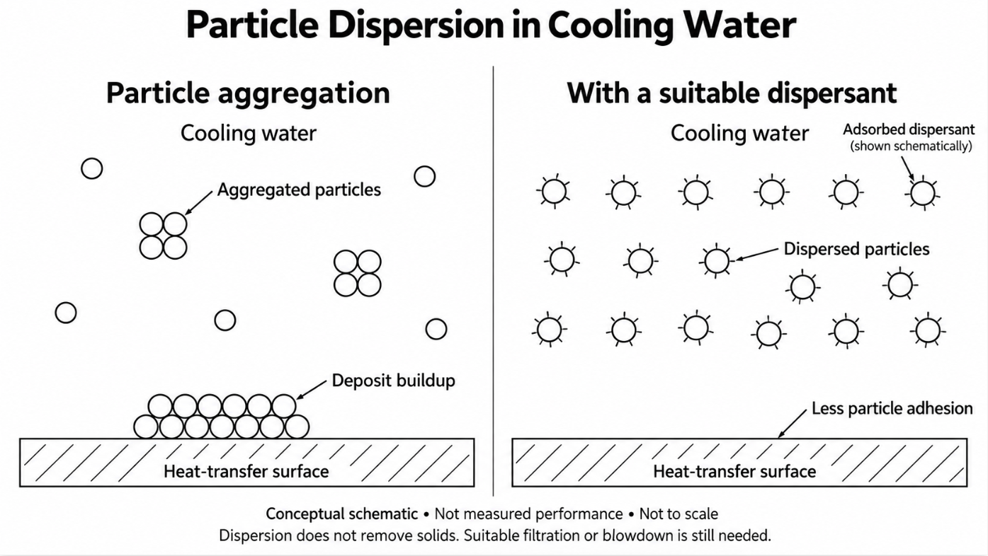 A schematic showing particle aggregation on a heat-transfer surface compared with dispersed particles in cooling water treated with a suitable dispersant.
