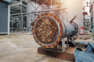 Industrial heat exchanger with heavy scale and deposit buildup on tube surfaces.