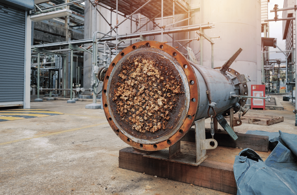 Industrial heat exchanger with heavy scale and deposit buildup on tube surfaces.