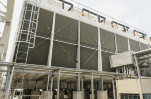 Industrial cooling tower used in a water treatment system where scale control helps manage mineral buildup.