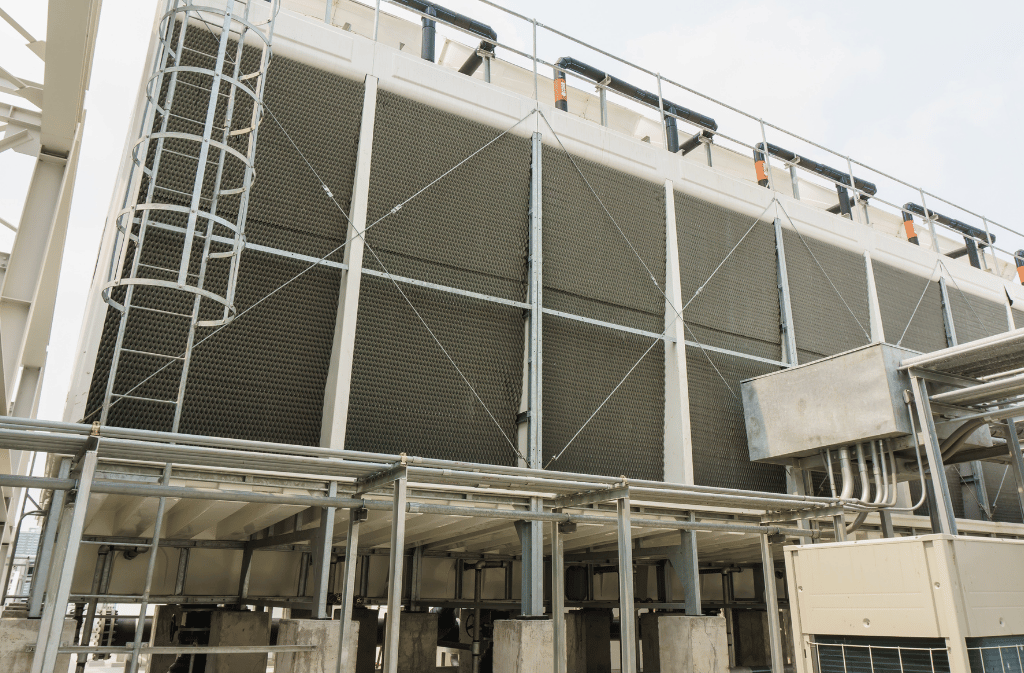 Industrial cooling tower used in a water treatment system where scale control helps manage mineral buildup.