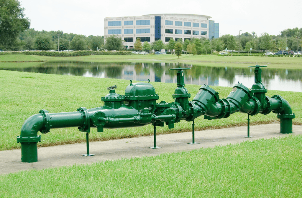 Aboveground water piping and valve assembly at a commercial property.