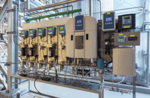 Industrial water monitoring panel with analyzers, sample tubing, and flow controls.