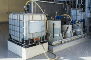 Industrial chemical storage and feed equipment with tanks, pumps, and secondary containment.