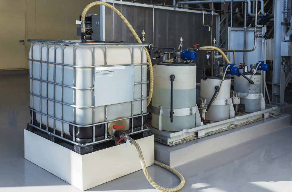 Industrial chemical storage and feed equipment with tanks, pumps, and secondary containment.